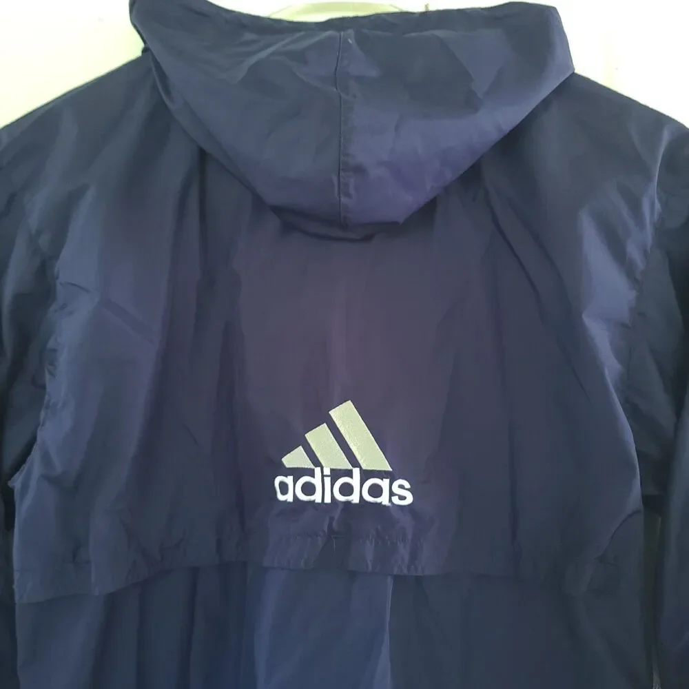 VTG 90s Adidas XL Navy Hooded Windbreaker Jacket 3 Stripe Embroidered Unisex EUC